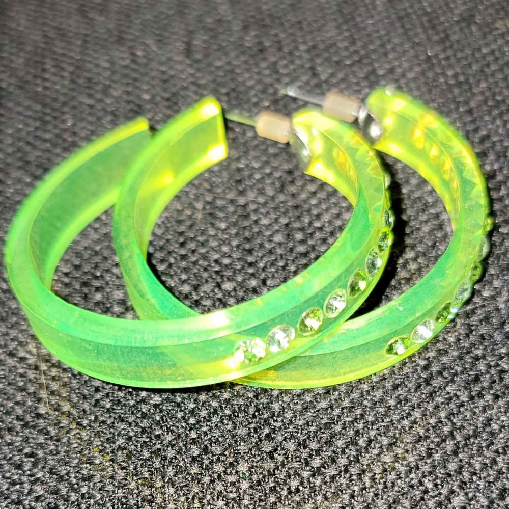 Plastic Lime Green Earrings With Rhinestone